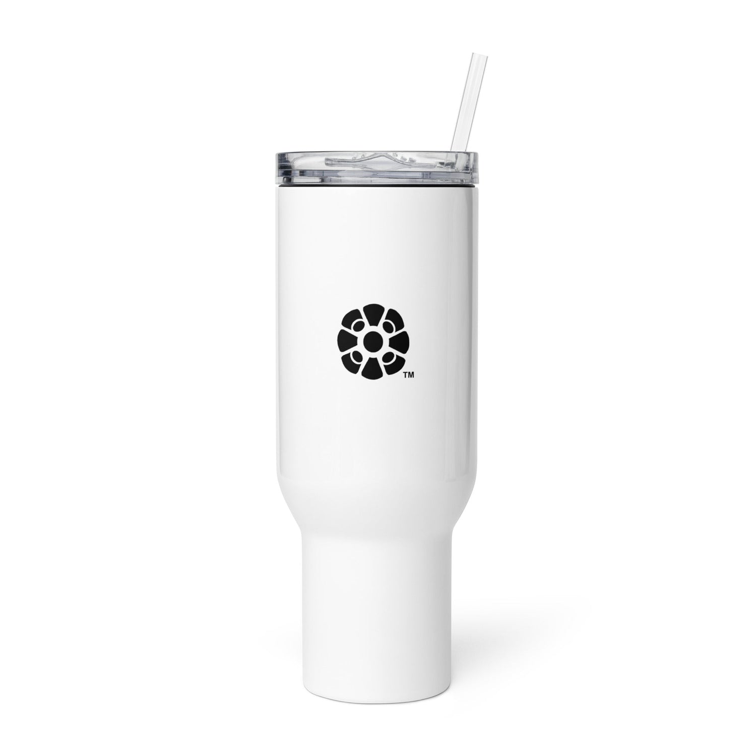 An image of a SNDZ CBD OIL tumbler mug with straw decorated with the geometric sun logo.