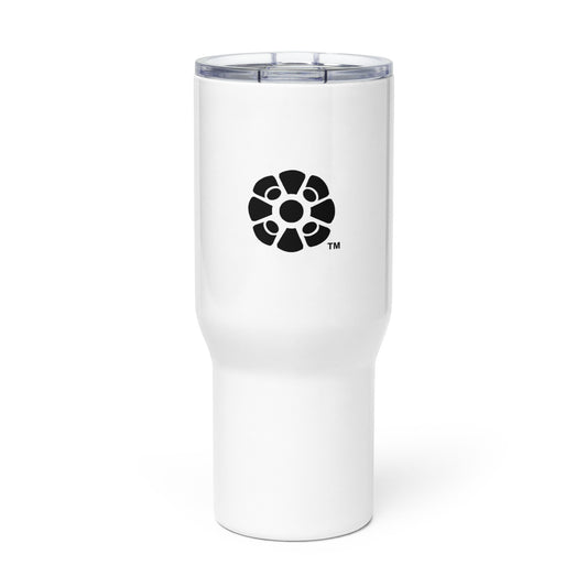 A white SNDZ CBD Oil travel mug decorated with a geometric sun logo in black.